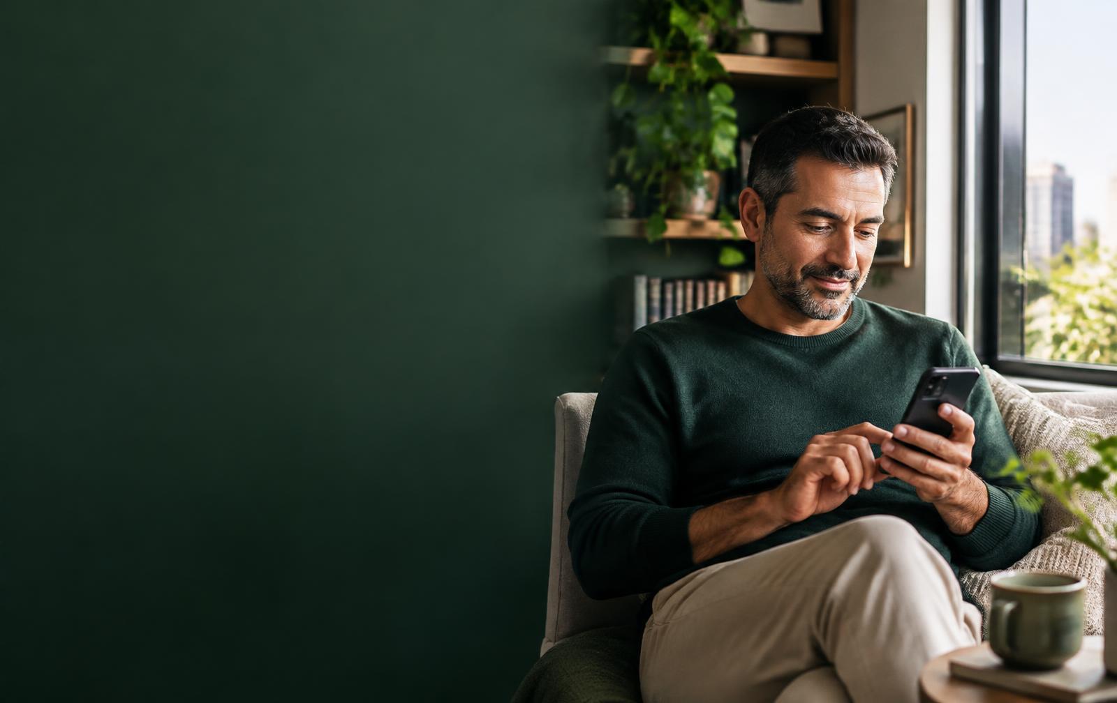 Homem consultando informações financeiras no celular em casa