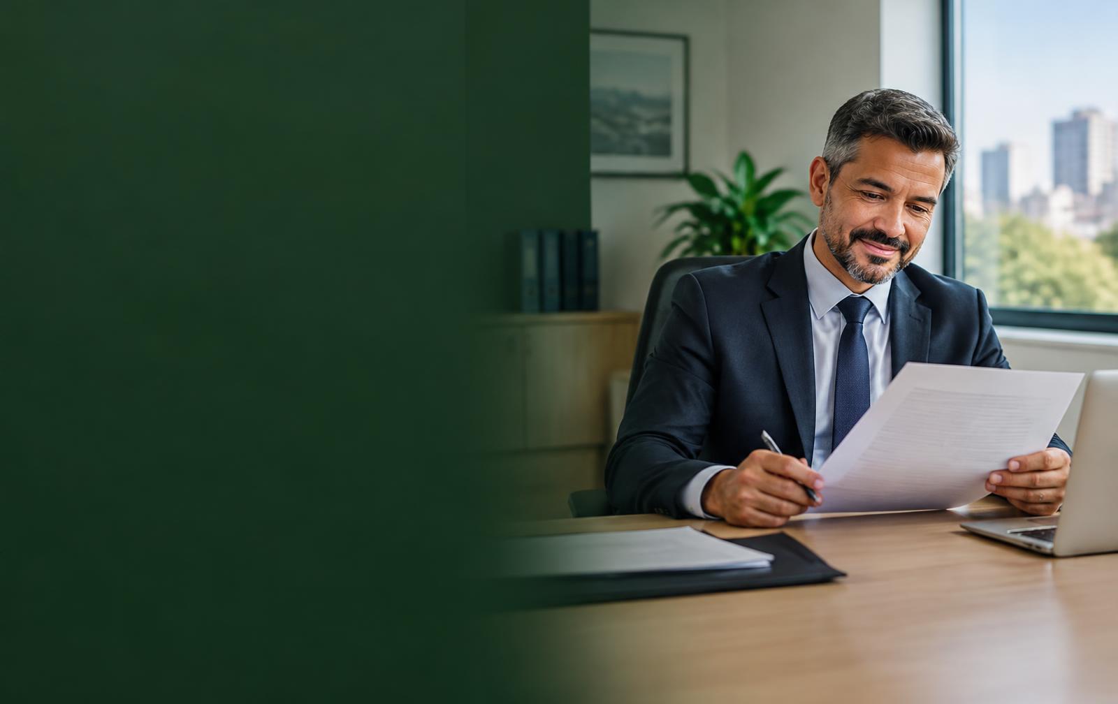 Servidor público analisando um documento no ambiente de trabalho
